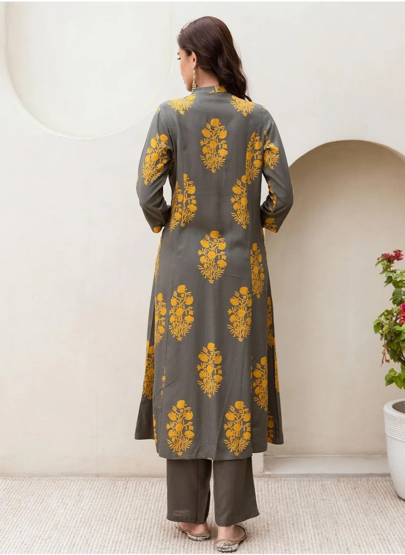 آي شين Women Grey Rayon 2 Pcs Kurta Set