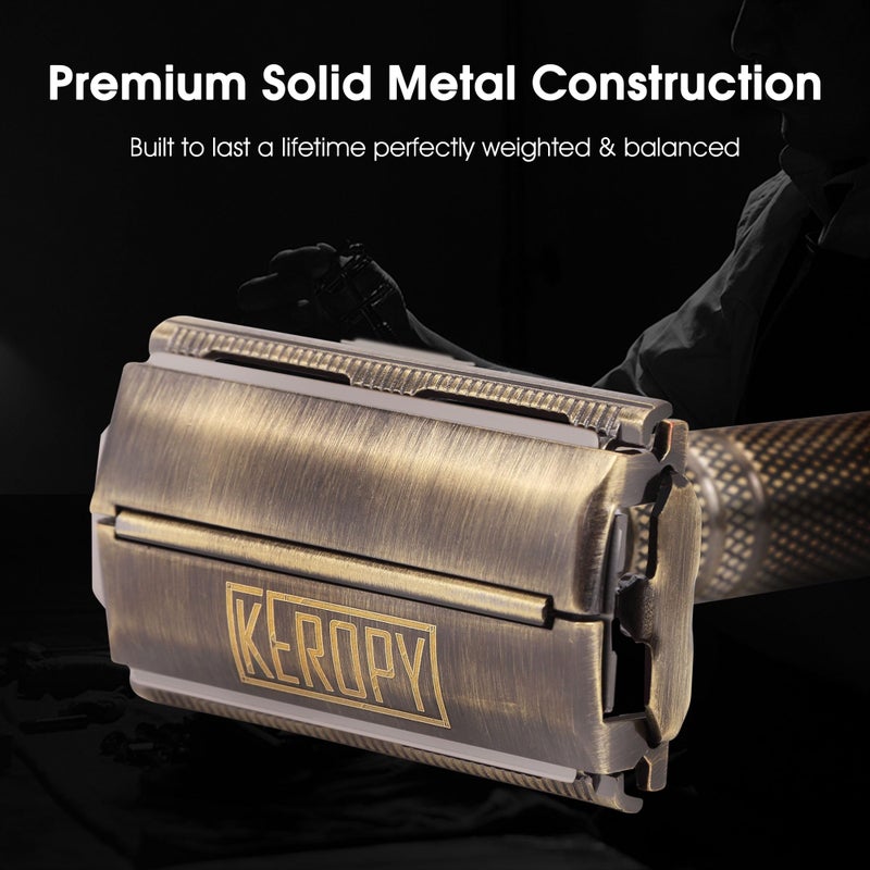 Keropy Premium Brass Double Edge Safety Razor Kit, Heavy Duty Resistant Features Shaver - Reusable Refillable Razor for Coarse Hair, Beard Shape Up - Washable & Durable Wet and Dry Shave - Bronze - Image 5