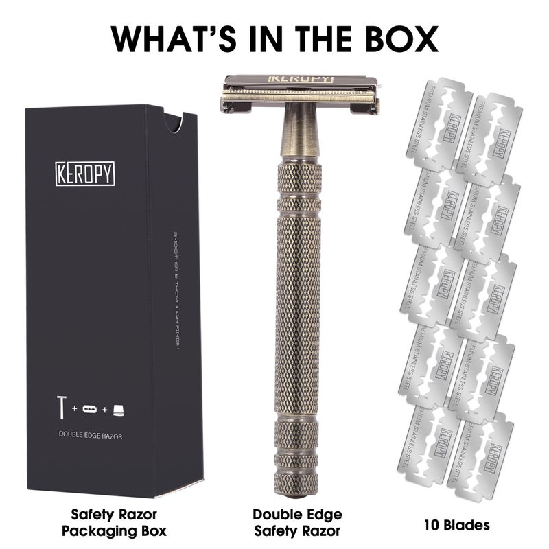Keropy Premium Brass Double Edge Safety Razor Kit, Heavy Duty Resistant Features Shaver - Reusable Refillable Razor for Coarse Hair, Beard Shape Up - Washable & Durable Wet and Dry Shave - Bronze - Image 2