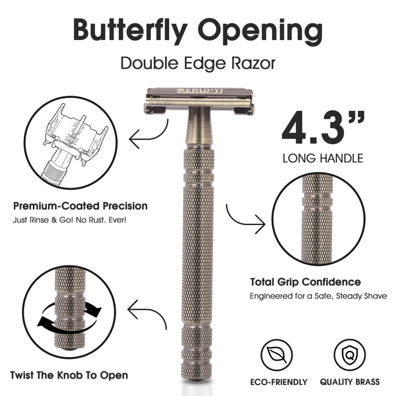 Keropy Premium Brass Double Edge Safety Razor Kit, Heavy Duty Resistant Features Shaver - Reusable Refillable Razor for Coarse Hair, Beard Shape Up - Washable & Durable Wet and Dry Shave - Bronze - Image 3