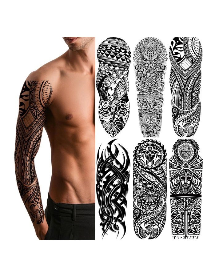 Briyhose Totem Tribal Temporary Tattoo Sleeves, Full Arm Large Polynesian Hawaiian Tribal Fake Tattoos Sleeve For Men Women Adult, Black Viking Maori Temp Tatoo Sticker Leg Body Art Makeup, 6-Sheet - Image 1
