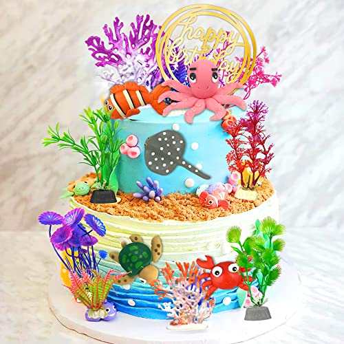 DRWATE 16 PCS Sea Ocean Cake Toppers Under the Sea Ocean Animals Birthday Cake Decorations for Sea Ocean Theme Baby Shower Birthday Party Supplies (Ocean) - Image 3