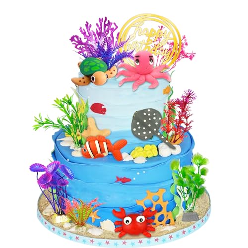 DRWATE 16 PCS Sea Ocean Cake Toppers Under the Sea Ocean Animals Birthday Cake Decorations for Sea Ocean Theme Baby Shower Birthday Party Supplies (Ocean) - Image 1