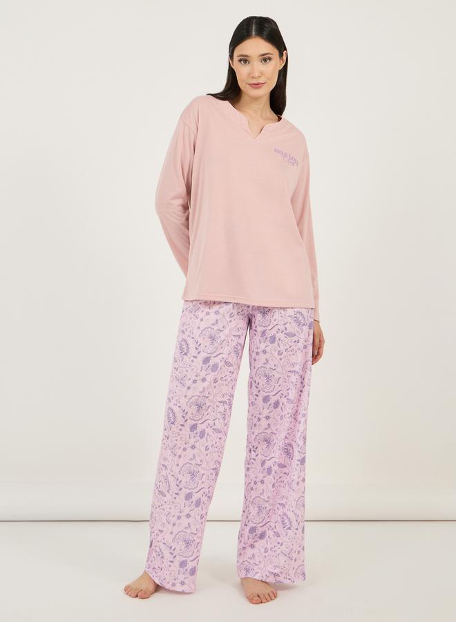 Styli Slogan Print Notch Neck Drop Shoulder T-Shirt & Floral Pyjama Set  - Image 1