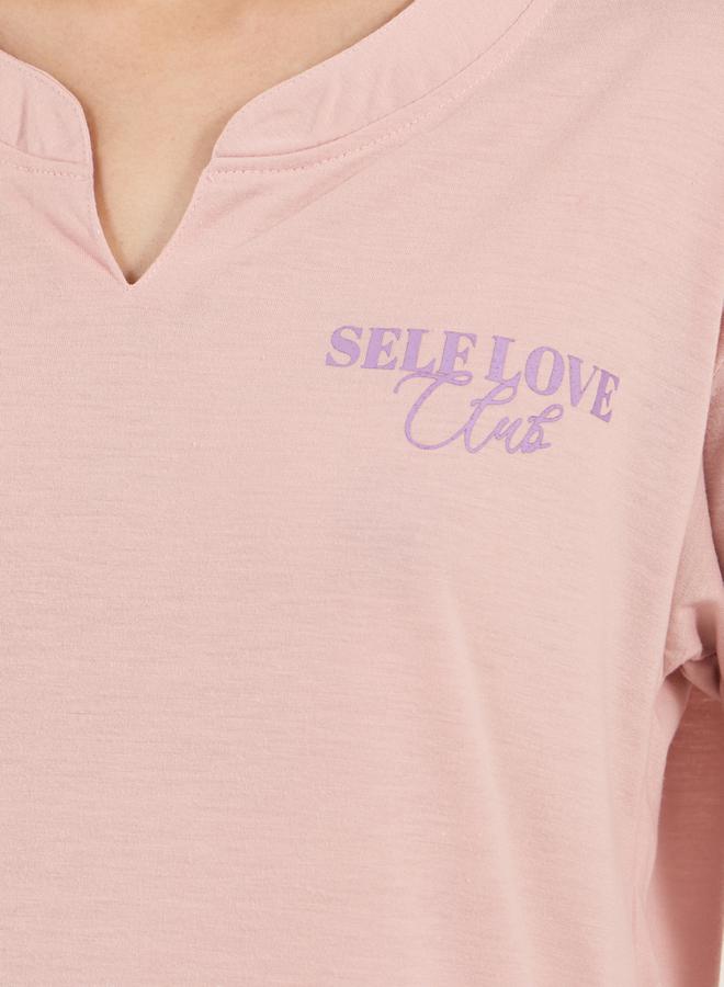 Styli Slogan Print Notch Neck Drop Shoulder T-Shirt & Floral Pyjama Set  - Image 4