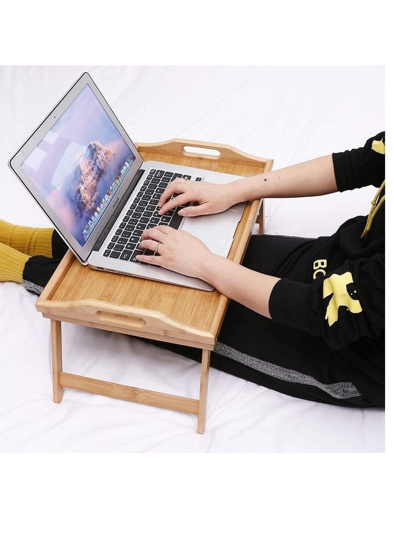 صينية إفطار من الخيزران مع مقبض وأرجل قابلة للطي، طاولة كمبيوتر سرير مستطيلة قابلة للطي 50x30 سم - Image 1