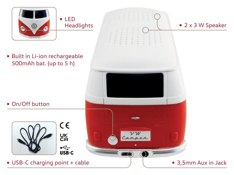 BRISA VW Collection - Volkswagen Portable Bluetooth Speaker Wireless Box with Rechargable Battery T1 Bus Campervan (Scale: 1:20/Classic Bus) (Red) - Image 2