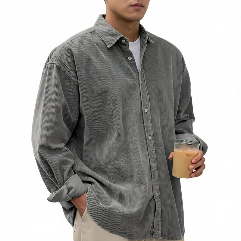 Men's Corduroy Casual Button-Down Shirt with Lapel Collar