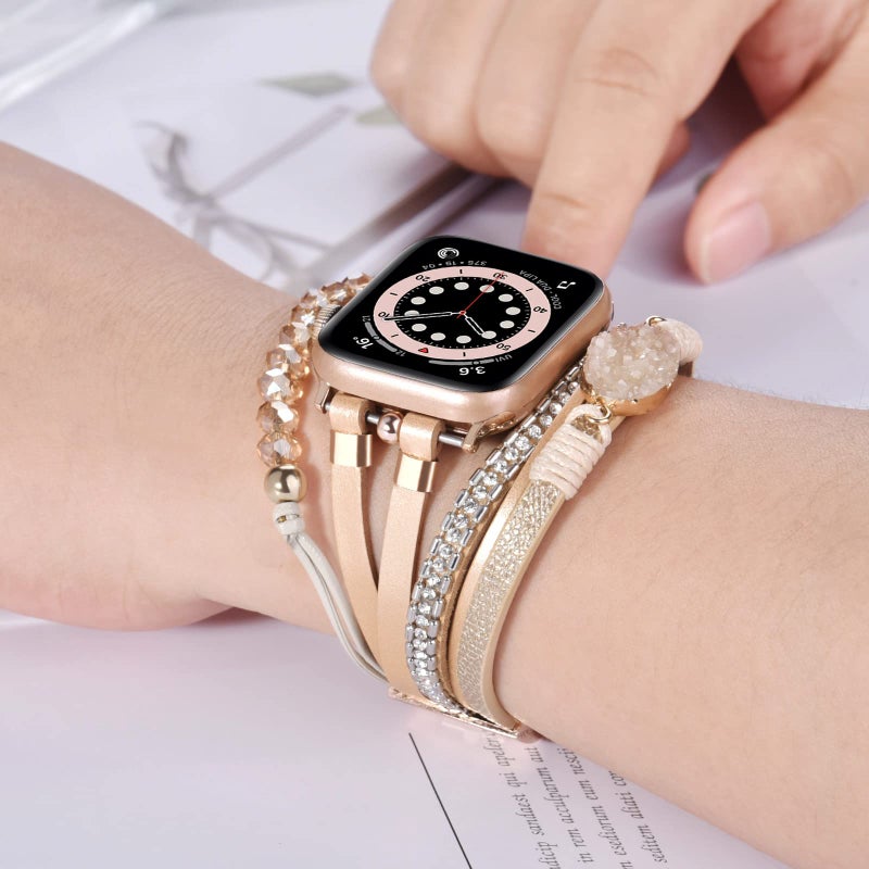VISOOM Beaded Boho Bracelet Compatible for Apple Watch Band 40mm/38mm/41mm Series 10 9 8 7 SE Series 6/5/4 Women Leather Fashion Cute Handmade Multilayer Wrap Watch Strap for iWatch Bands 3/2/1 - Image 5