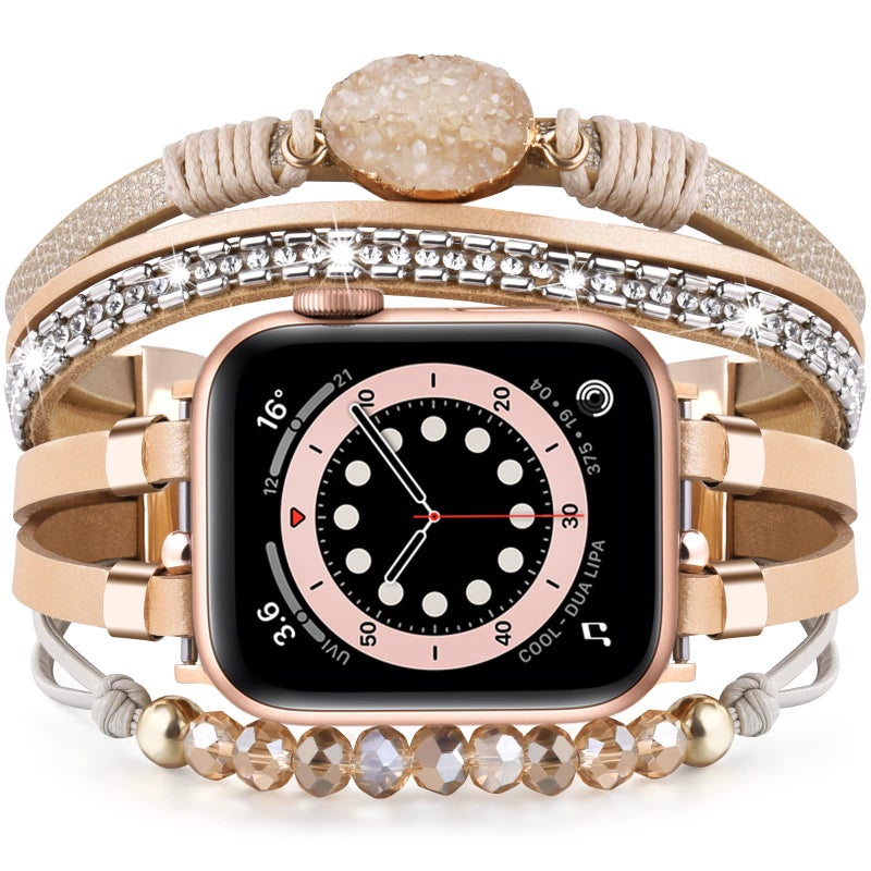 VISOOM Beaded Boho Bracelet Compatible for Apple Watch Band 40mm/38mm/41mm Series 10 9 8 7 SE Series 6/5/4 Women Leather Fashion Cute Handmade Multilayer Wrap Watch Strap for iWatch Bands 3/2/1 - Image 1