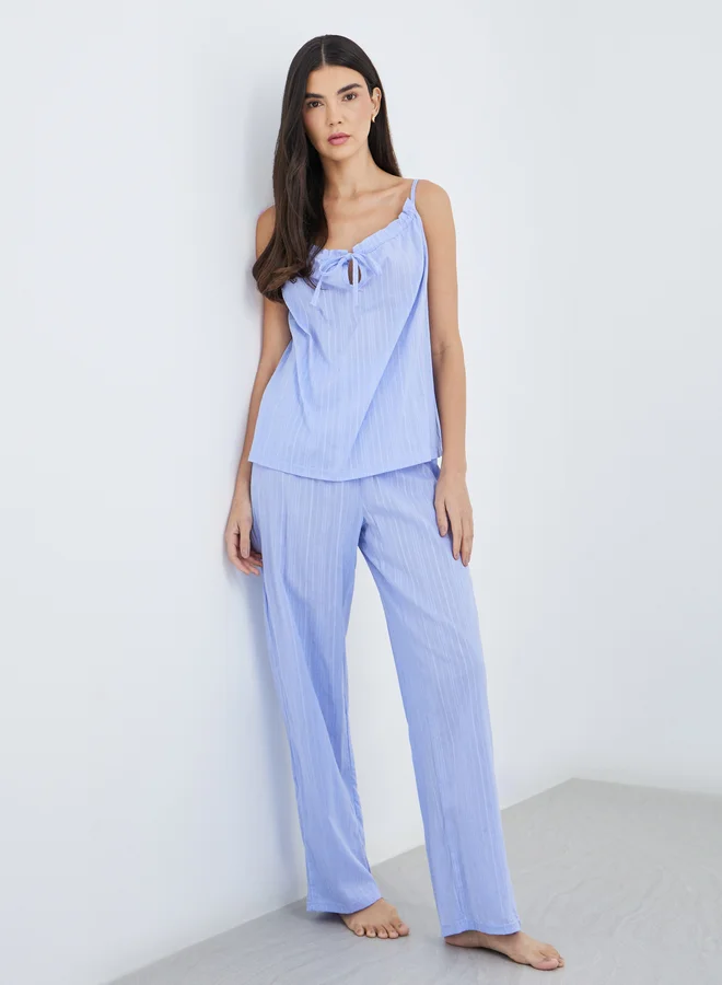 ستايلي Styli Textured Cotton Stripe Ruched Tie Front Cami and Pyjama Set