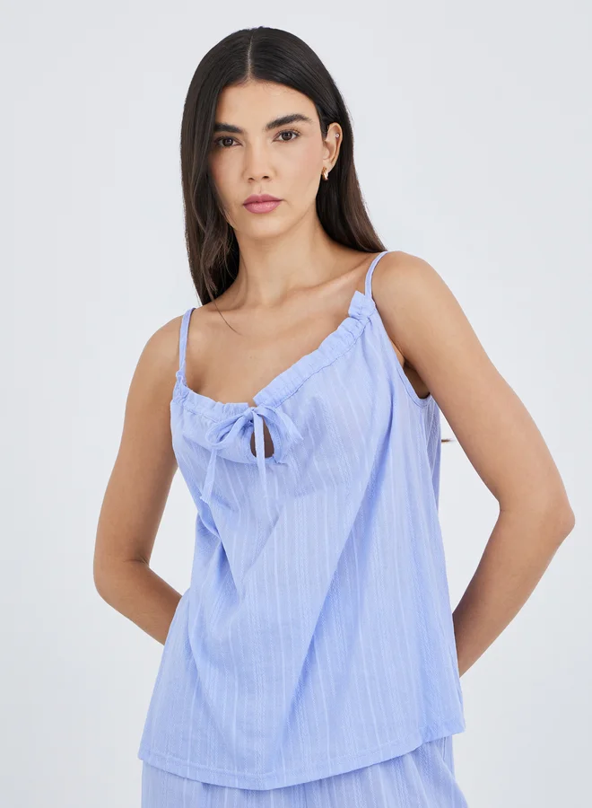ستايلي Styli Textured Cotton Stripe Ruched Tie Front Cami and Pyjama Set