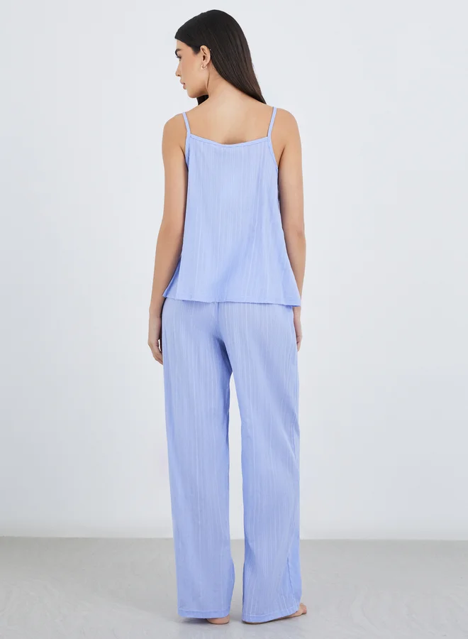 Styli Styli Textured Cotton Stripe Ruched Tie Front Cami and Pyjama Set