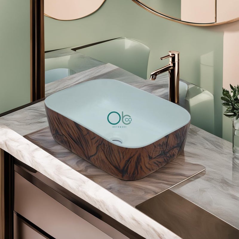 OBCO OBCO Ceramic Table Top Wash Basin Countertop Vessel Sink Kitchen Sink Vanity Sink Wash Basin For Bathroom Living Room 16x12x6 inch White Brown Glossy Finish Obco122 - Image 2