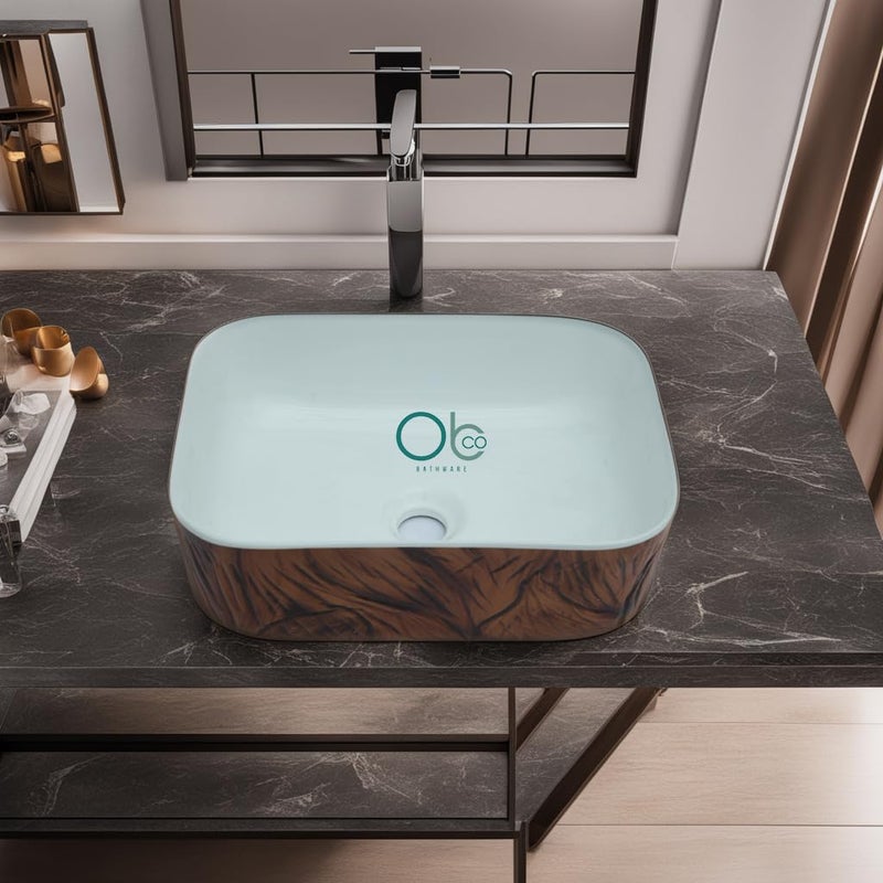 OBCO OBCO Ceramic Table Top Wash Basin Countertop Vessel Sink Kitchen Sink Vanity Sink Wash Basin For Bathroom Living Room 16x12x6 inch White Brown Glossy Finish Obco122 - Image 1