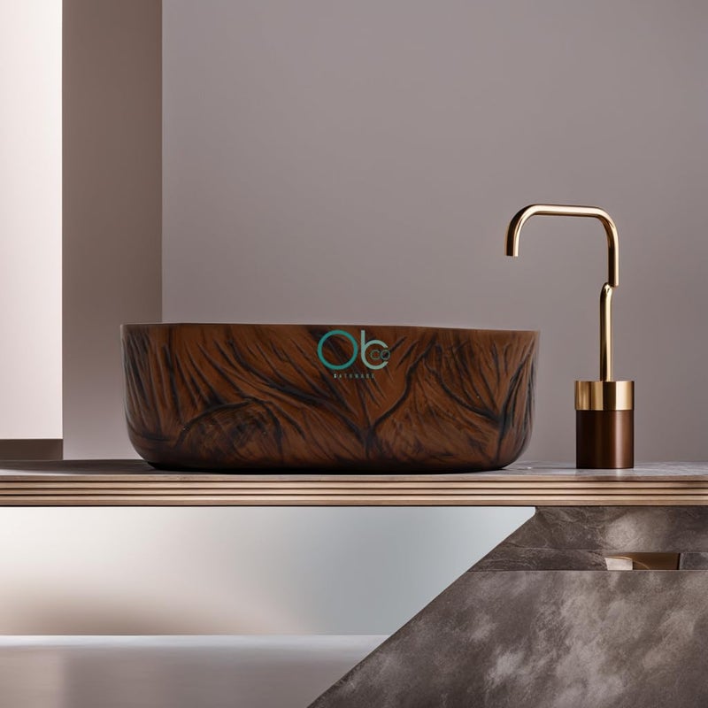 OBCO OBCO Ceramic Table Top Wash Basin Countertop Vessel Sink Kitchen Sink Vanity Sink Wash Basin For Bathroom Living Room 16x12x6 inch White Brown Glossy Finish Obco122 - Image 3