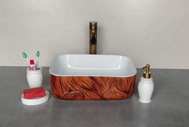 OBCO OBCO Ceramic Table Top Wash Basin Countertop Vessel Sink Kitchen Sink Vanity Sink Wash Basin For Bathroom Living Room 16x12x6 inch White Brown Glossy Finish Obco122 - Image 5