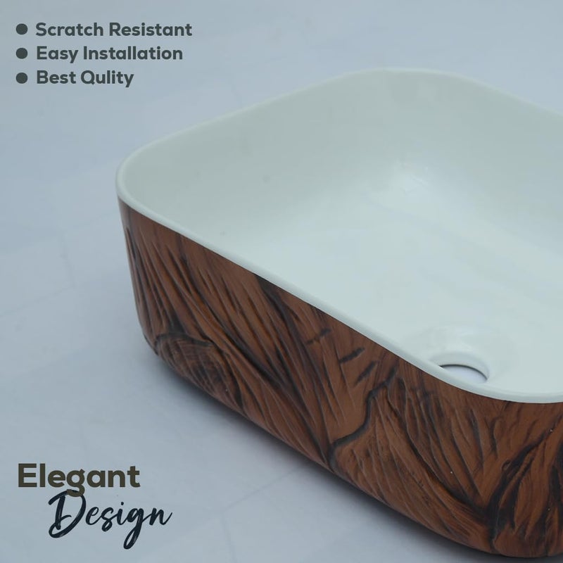 OBCO OBCO Ceramic Table Top Wash Basin Countertop Vessel Sink Kitchen Sink Vanity Sink Wash Basin For Bathroom Living Room 16x12x6 inch White Brown Glossy Finish Obco122 - Image 4