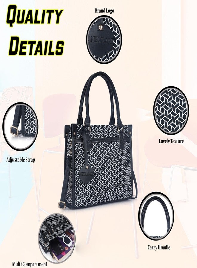 DANIEL CLARK Geometric Pattern Handbag, Faux Leather Trim Shoulder Bag, Dual Handle with Crossbody Strap, Fashion Tote bag (Black) - Image 2