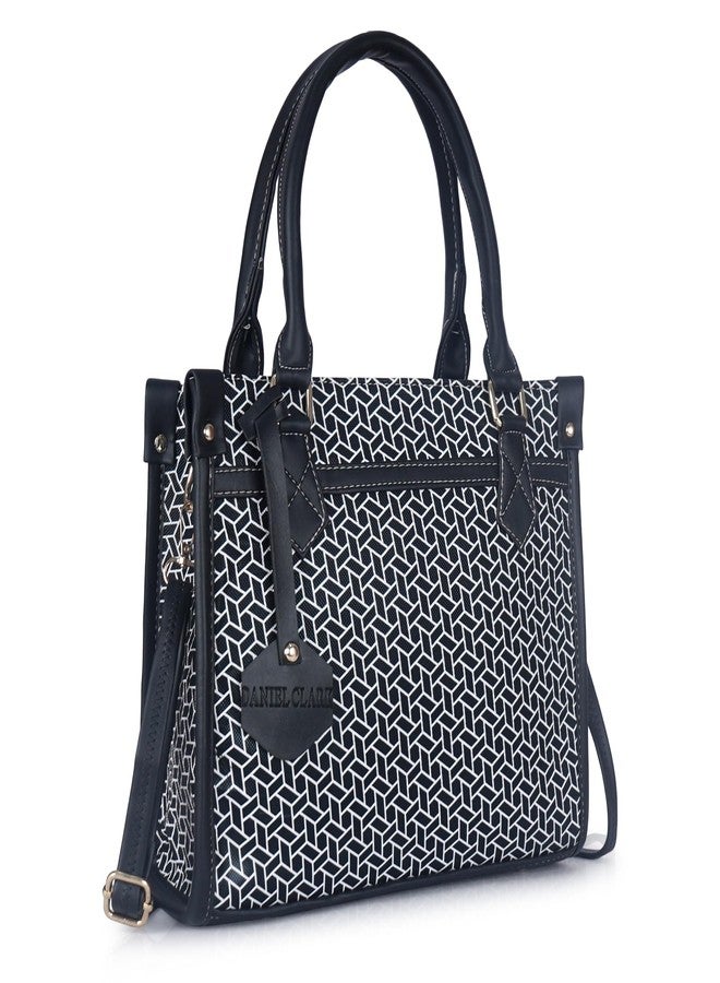 DANIEL CLARK Geometric Pattern Handbag, Faux Leather Trim Shoulder Bag, Dual Handle with Crossbody Strap, Fashion Tote bag (Black) - Image 1