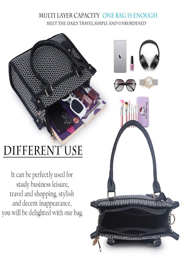 DANIEL CLARK Geometric Pattern Handbag, Faux Leather Trim Shoulder Bag, Dual Handle with Crossbody Strap, Fashion Tote bag (Black) - Image 5