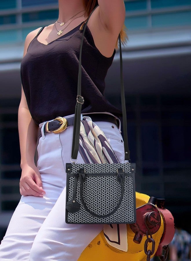 DANIEL CLARK Geometric Pattern Handbag, Faux Leather Trim Shoulder Bag, Dual Handle with Crossbody Strap, Fashion Tote bag (Black) - Image 4
