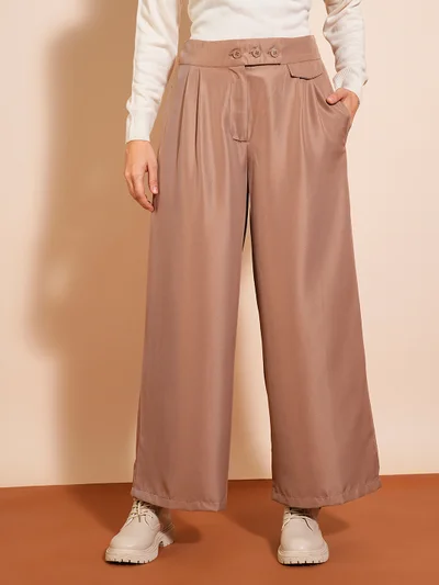 globus Women Solid Flared High-Rise Pleated Trousers