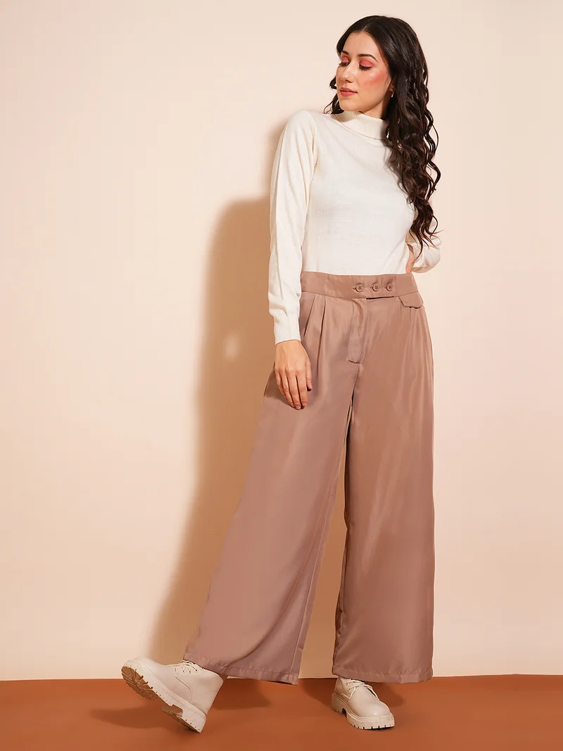 globus Women Solid Flared High-Rise Pleated Trousers