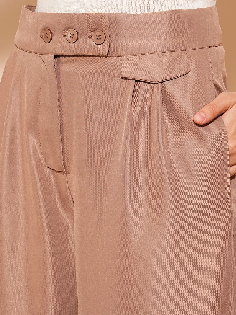 globus Women Solid Flared High-Rise Pleated Trousers