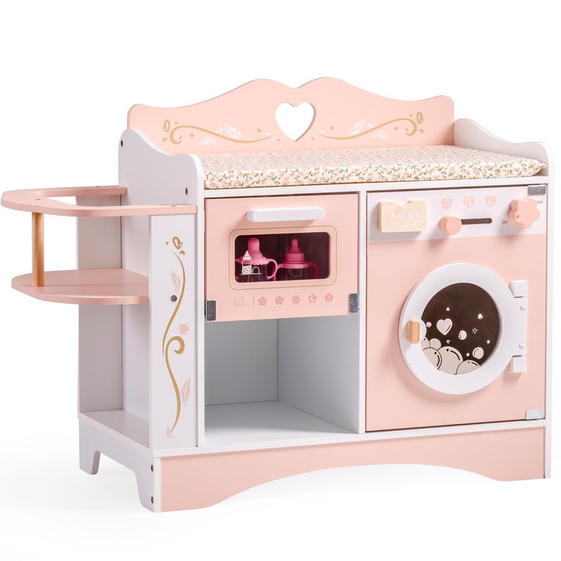 ROBOTIME Wooden 6-in-1 Baby Doll Changing Table with Baby Doll Crib, Washing Machine, Bottle Sterilizer, Storage Area, and Doll Seat, Ideal Role-Playing Toy for Kids 3+, Fits Dolls Up to 20 in, Pink - Image 1