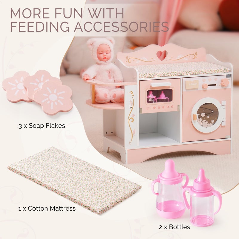 ROBOTIME Wooden 6-in-1 Baby Doll Changing Table with Baby Doll Crib, Washing Machine, Bottle Sterilizer, Storage Area, and Doll Seat, Ideal Role-Playing Toy for Kids 3+, Fits Dolls Up to 20 in, Pink - Image 3