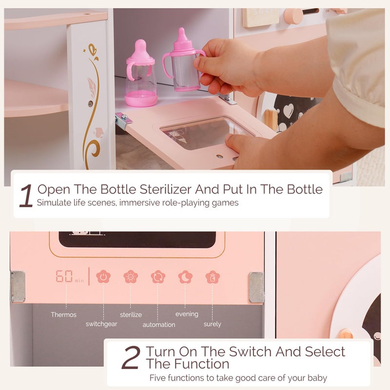 ROBOTIME Wooden 6-in-1 Baby Doll Changing Table with Baby Doll Crib, Washing Machine, Bottle Sterilizer, Storage Area, and Doll Seat, Ideal Role-Playing Toy for Kids 3+, Fits Dolls Up to 20 in, Pink - Image 5