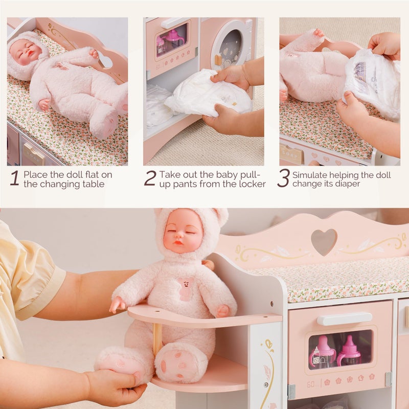 ROBOTIME Wooden 6-in-1 Baby Doll Changing Table with Baby Doll Crib, Washing Machine, Bottle Sterilizer, Storage Area, and Doll Seat, Ideal Role-Playing Toy for Kids 3+, Fits Dolls Up to 20 in, Pink - Image 4