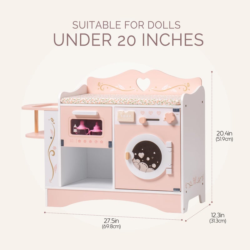 ROBOTIME Wooden 6-in-1 Baby Doll Changing Table with Baby Doll Crib, Washing Machine, Bottle Sterilizer, Storage Area, and Doll Seat, Ideal Role-Playing Toy for Kids 3+, Fits Dolls Up to 20 in, Pink - Image 2