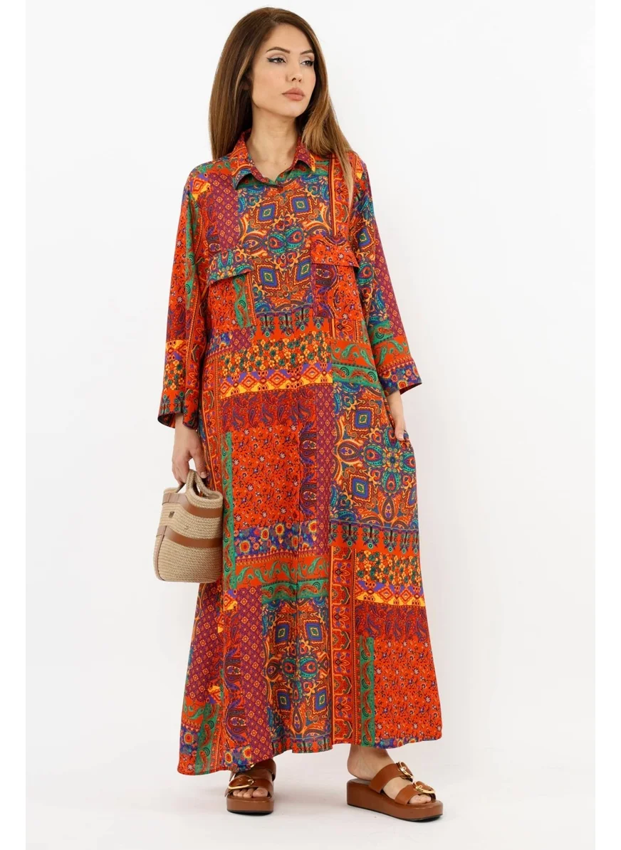ريتنيس Prive Women's Ethnic 100% Viscose Red Shirt Collar Front Buttoned Long Summer Dress