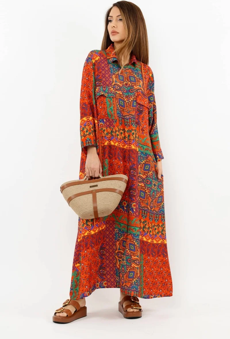 Ritnice Prive Women's Ethnic 100% Viscose Red Shirt Collar Front Buttoned Long Summer Dress