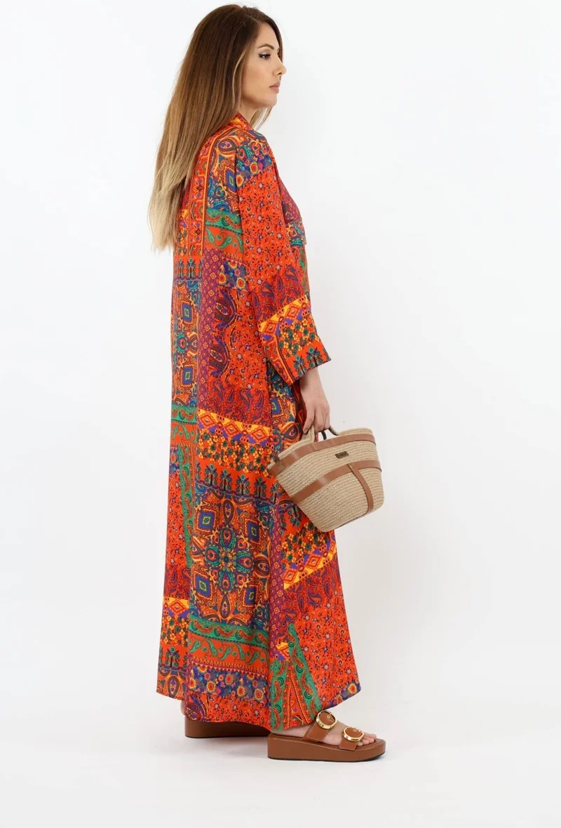 Ritnice Prive Women's Ethnic 100% Viscose Red Shirt Collar Front Buttoned Long Summer Dress