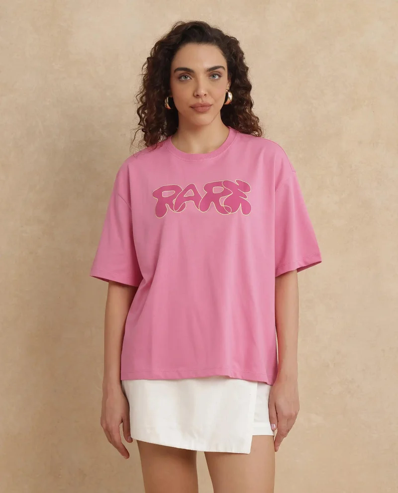 Rareism Women's Typography Print Oversized T-Shirt