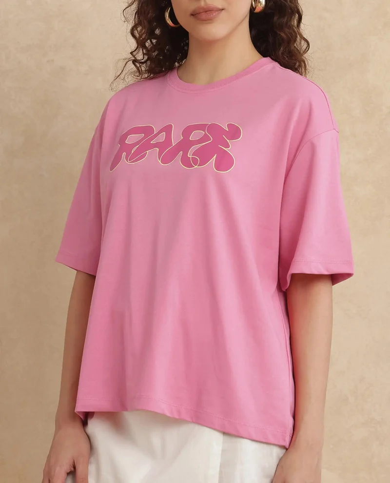 Rareism Women's Typography Print Oversized T-Shirt