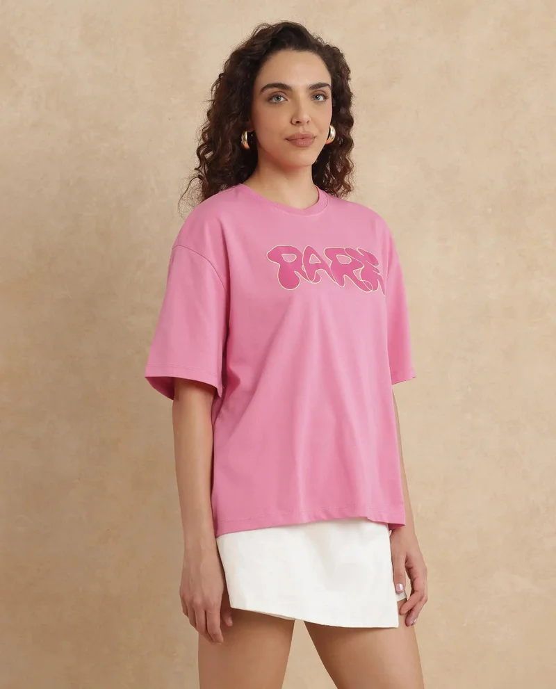 Rareism Women's Typography Print Oversized T-Shirt