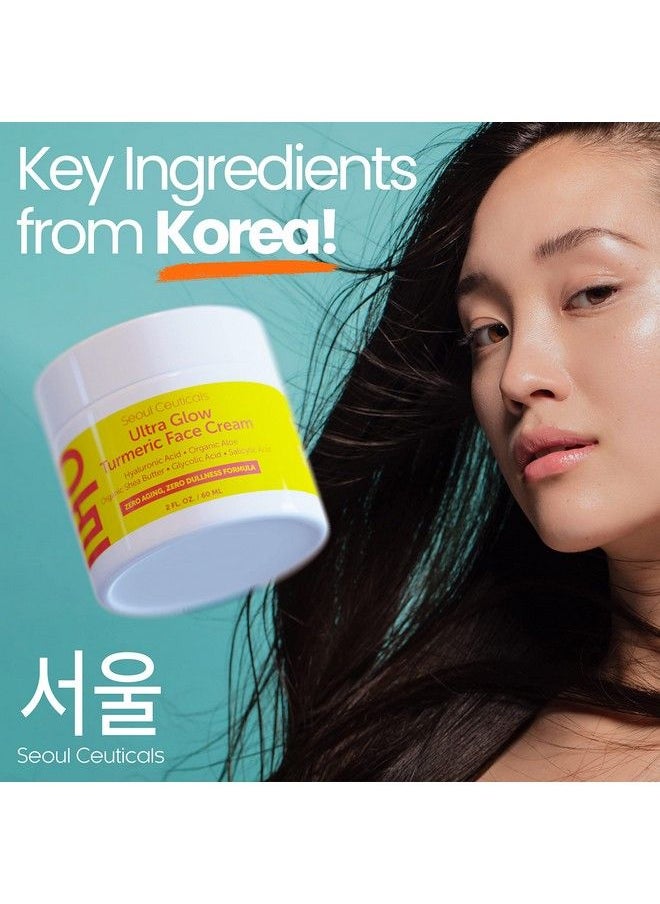 seoulceuticals - كريم الكركم الكوري للعناية بالبشرة، مرطب الوجه الكوري للبشرة الجافة الباهتة، كريم حمض الساليسيليك للعناية بالبشرة الكورية + كريم حمض الهيالورونيك + كريم حمض الجليكوليك K Beauty للبشرة المتوهجة، 2 أونصة - Image 1