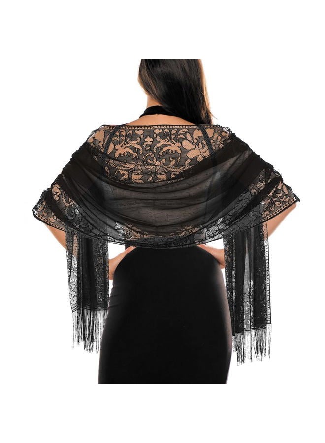 Jeffdad Lace Stole, Women's Festive Shawl, Lace Scarf with Tassels, Festive Stole for Evening Dress, Shawl for Evening, Party, Mesh, Wedding Scarves (Black) - Image 1