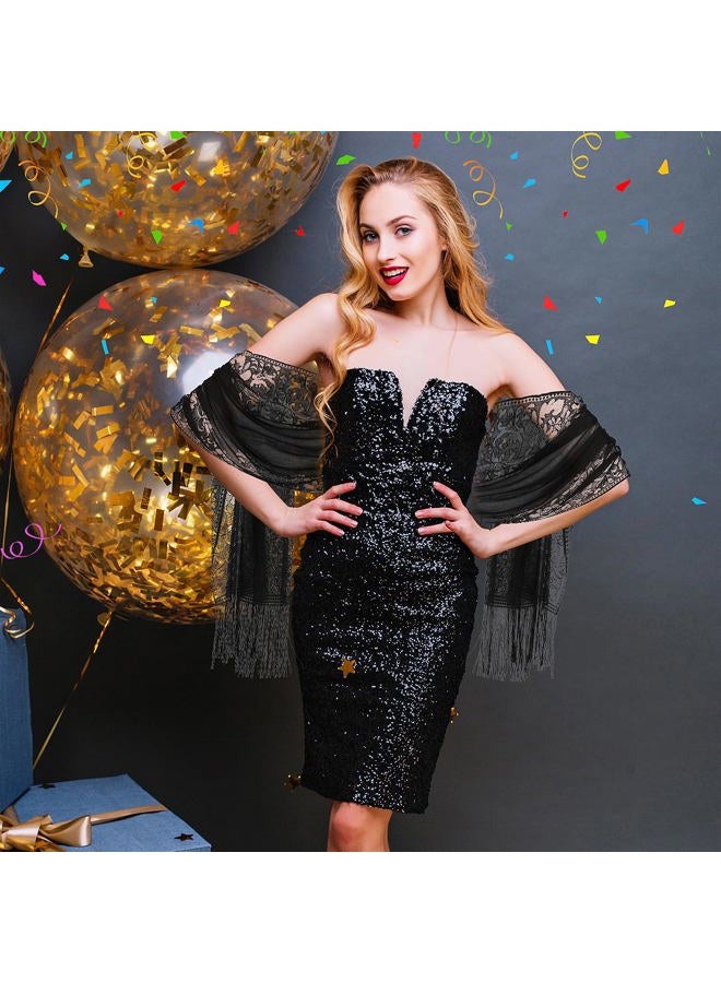 Jeffdad Lace Stole, Women's Festive Shawl, Lace Scarf with Tassels, Festive Stole for Evening Dress, Shawl for Evening, Party, Mesh, Wedding Scarves (Black) - Image 3