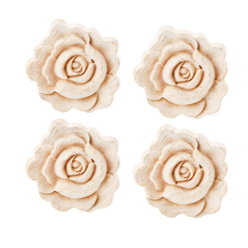 LXYUUM 4PCS Wooden Carved Onlay Appliques Rose Wood Carving Decal Unpainted Furniture Bed Door Cabinet Decor