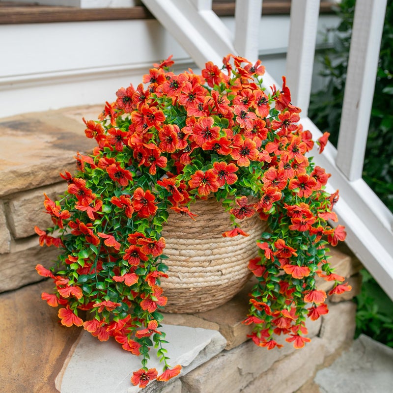 HyeFlora Artificial Fall Flowers for Outdoors Fake Hanging Decoration, 2Pcs Orange Daisy with Autumn Leaves, Realistic Plants Decor, UV & Fading Resistant Silk Flower for Porch Patio Balcony - Image 5