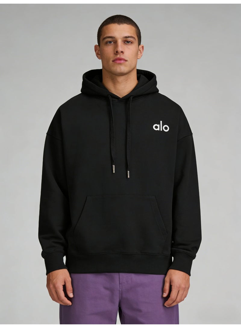 Alo Yoga Black Loose Hoodie - Soft fabric, ALO minimalist logo, adjustable drawstring, kangaroo pocket, casual daily style hoodie, unisex series long sleeved top. Unisex explosive street casual hoodie - Image 3