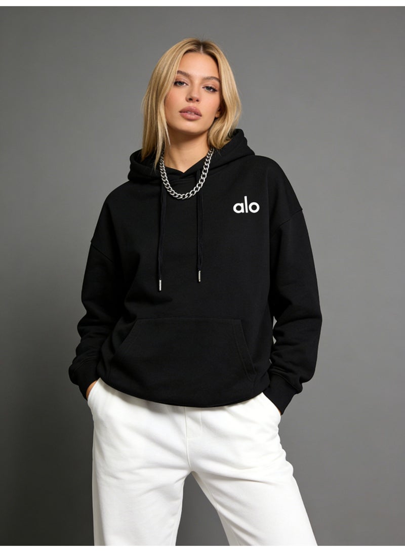 Alo Yoga Black Loose Hoodie - Soft fabric, ALO minimalist logo, adjustable drawstring, kangaroo pocket, casual daily style hoodie, unisex series long sleeved top. Unisex explosive street casual hoodie - Image 1