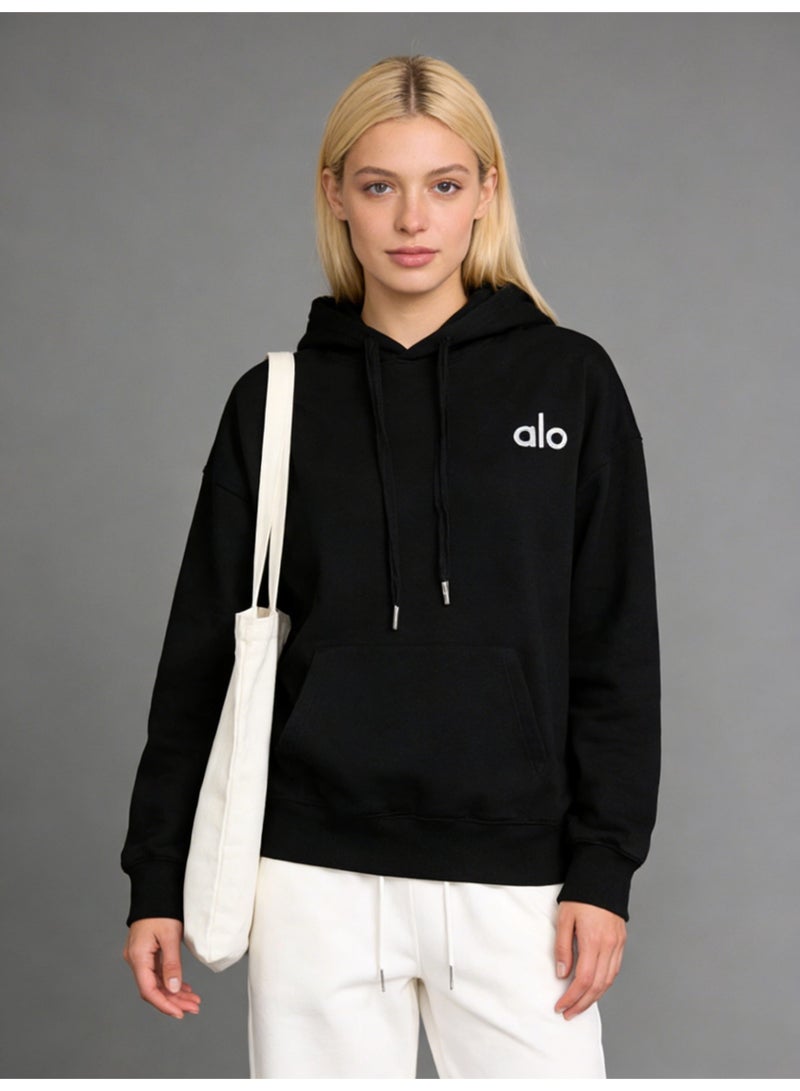 Alo Yoga Black Loose Hoodie - Soft fabric, ALO minimalist logo, adjustable drawstring, kangaroo pocket, casual daily style hoodie, unisex series long sleeved top. Unisex explosive street casual hoodie - Image 4