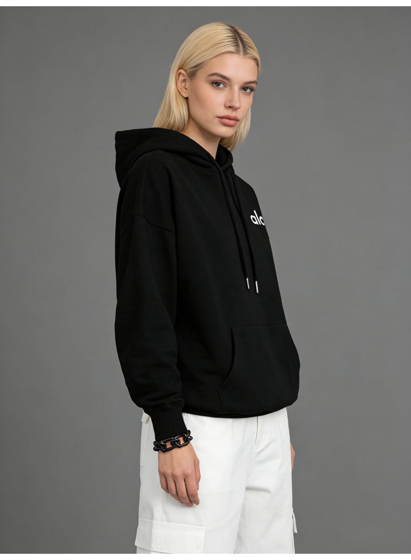 Alo Yoga Black Loose Hoodie - Soft fabric, ALO minimalist logo, adjustable drawstring, kangaroo pocket, casual daily style hoodie, unisex series long sleeved top. Unisex explosive street casual hoodie - Image 2