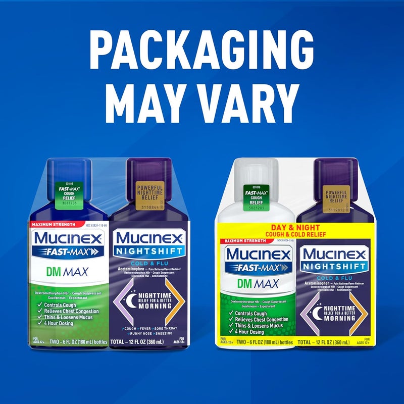 MUCINEX ماكسيموم سترينغث فاست ماكس دي إم ماكس موكينكس نايت شيفت كولد فلو سائل 2 × 6 أونصة سائلة يخفف المخاط يخفف السعال احتقان الصدر الألم الحمى العطس التهاب الحلق سيلان الأنف - Image 2